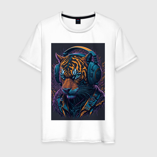 Мужская футболка из хлопка с принтом Tiger DJ, вид спереди №1