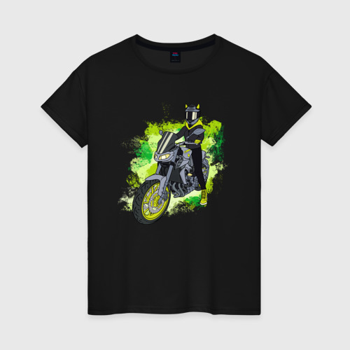 Женская футболка хлопок Крутая Девушка на мотоцикле, цвет черный