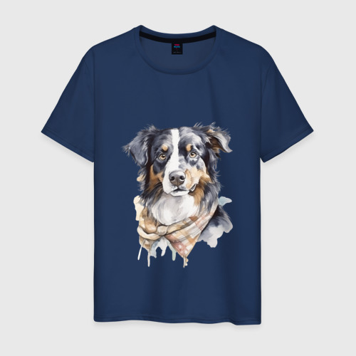 Мужская футболка хлопок Австралийская овчарка арт рисунок, цвет темно-синий