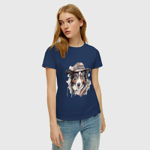 Женская футболка хлопок Австралийская овчарка акварель, цвет темно-синий - фото 3