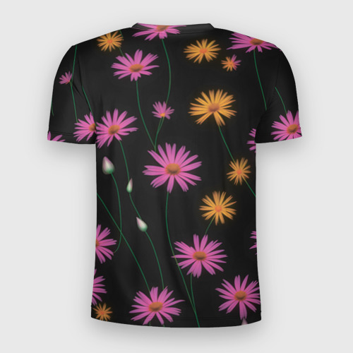 Мужская футболка 3D Slim с принтом Полевые цветы на черном фоне, вид сзади #1