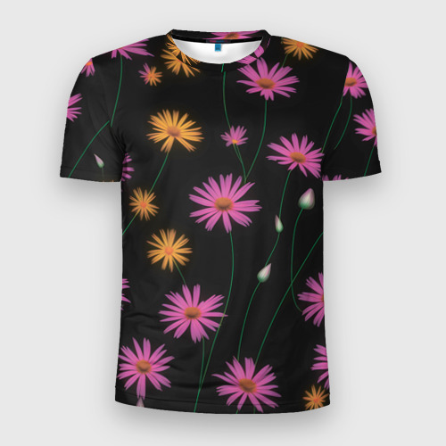 Мужская футболка 3D Slim с принтом Полевые цветы на черном фоне, вид спереди #2