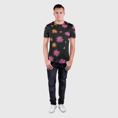 Мужская футболка 3D Slim с принтом Полевые цветы на черном фоне, вид сбоку #3