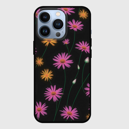 Чехол для iPhone 13 Pro с принтом Полевые цветы на черном фоне, вид спереди #2