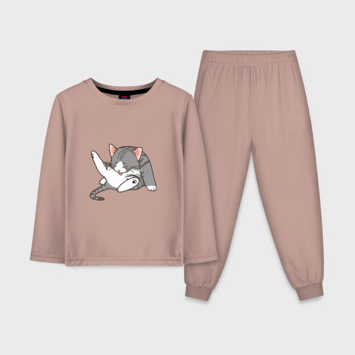 Детская пижама с лонгсливом хлопок с принтом Веселый котик, вид спереди #2