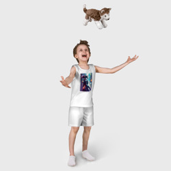 Пижама с принтом Крутая кисуля - киберпанк для ребенка, вид на модели спереди №3. Цвет основы: белый