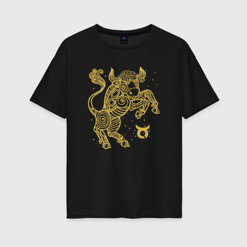 Женская футболка хлопок Oversize Золотой бычок таурус по зодиаку телец, цвет черный