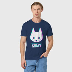 Светящаяся футболка с принтом Stray в стиле glitch и баги графики для любого человека, вид спереди №2. Цвет основы: темно-синий