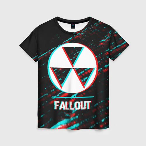 Женская футболка 3D с принтом Fallout в стиле glitch и баги графики на темном фоне, вид спереди #2