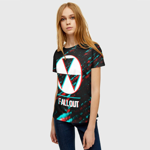 Женская футболка 3D с принтом Fallout в стиле glitch и баги графики на темном фоне, фото на моделе #1