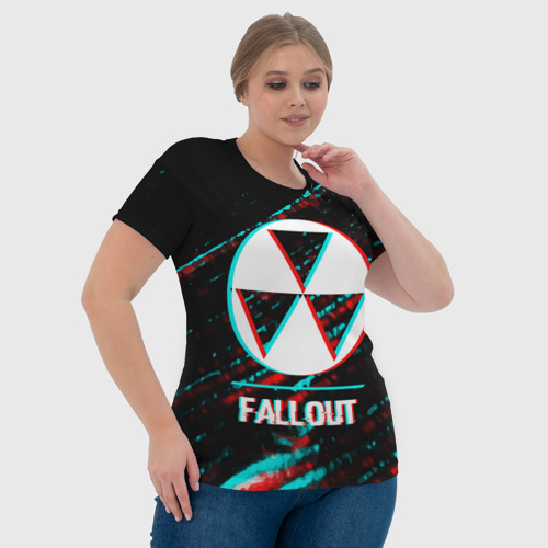 Женская футболка 3D с принтом Fallout в стиле glitch и баги графики на темном фоне, фото #4