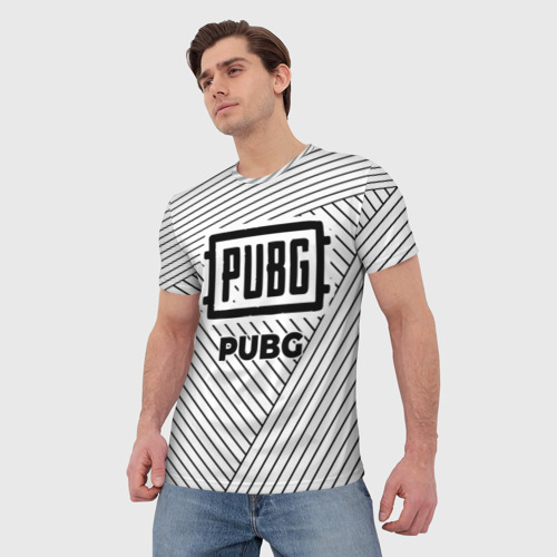 Мужская футболка 3D с принтом Символ PUBG на светлом фоне с полосами, фото на моделе #1