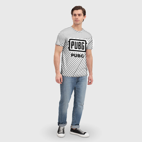 Мужская футболка 3D с принтом Символ PUBG на светлом фоне с полосами, вид сбоку #3
