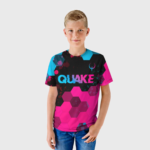 Детская футболка 3D Quake - neon gradient: символ сверху, цвет 3D печать - фото 3
