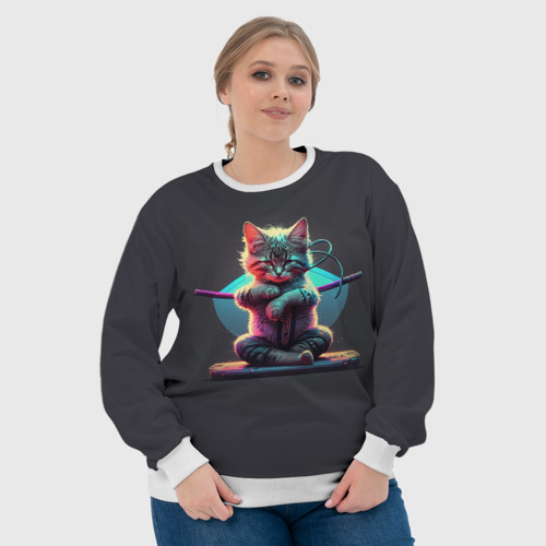 Женский свитшот 3D Кот самурай с катанами, цвет 3D печать - фото 6