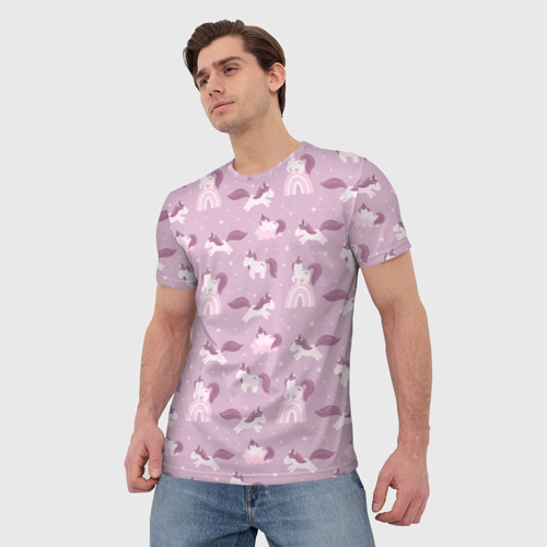 Мужская футболка 3D с принтом Розовый паттерн с единорогом, фото на моделе #1