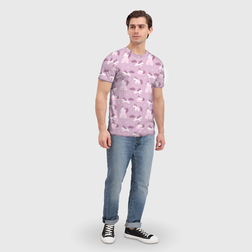 Мужская футболка 3D с принтом Розовый паттерн с единорогом, вид сбоку #3