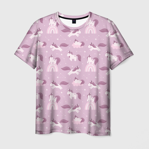 Мужская футболка 3D с принтом Розовый паттерн с единорогом, вид спереди #2