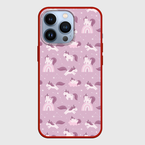 Чехол для iPhone 13 Pro с принтом Розовый паттерн с единорогом, вид спереди #2