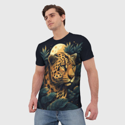 Мужская футболка 3D Леопард в тропических зарослях лунной ночью: арт нейросети - фото 2