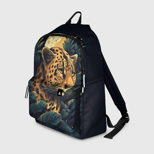 Рюкзак 3D с принтом Леопард в тропических зарослях лунной ночью: арт нейросети, вид спереди #2