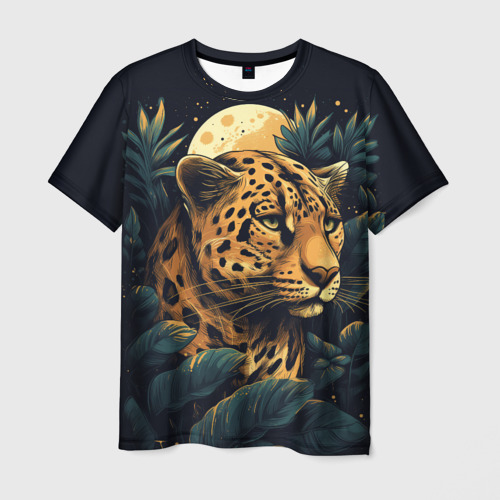 Мужская футболка 3D Леопард в тропических зарослях лунной ночью: арт нейросети, цвет 3D печать