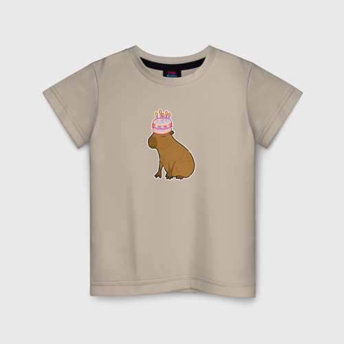 Детская футболка хлопок Капибара с тортиком, цвет миндальный