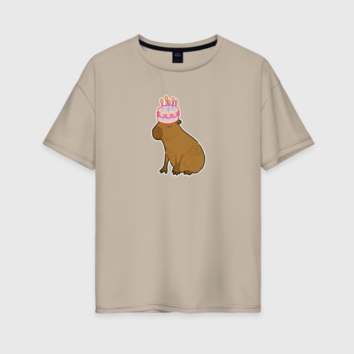 Женская футболка хлопок Oversize с принтом Капибара с тортиком, вид спереди #2