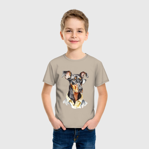 Детская футболка хлопок Доберман акварель, цвет миндальный - фото 3