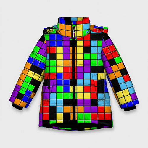 Зимняя куртка для девочек 3D с принтом Тетрис цветные блоки, вид спереди #2