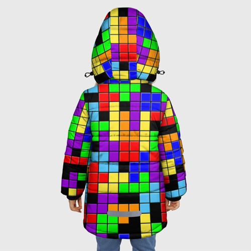 Зимняя куртка для девочек 3D с принтом Тетрис цветные блоки, вид сзади #2