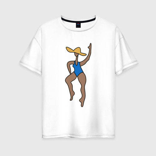 Женская футболка хлопок Oversize Девушка в купальнике и шляпе - абстракция, цвет белый