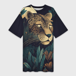 Платье-футболка 3D Леопард в тропических зарослях: арт нейросети