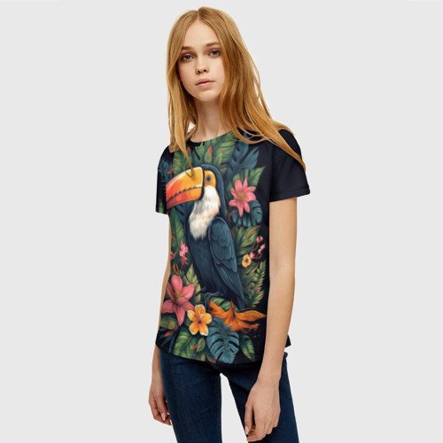Женская футболка 3D с принтом Тукан на фоне тропических листьев: арт нейросети, фото на моделе #1