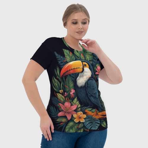 Женская футболка 3D с принтом Тукан на фоне тропических листьев: арт нейросети, фото #4