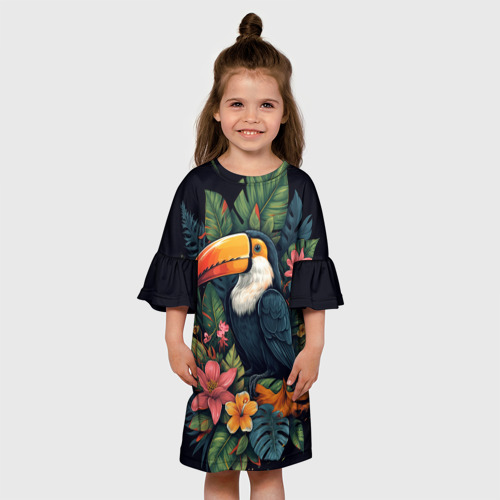 Детское платье 3D с принтом Тукан на фоне тропических листьев: арт нейросети, вид сбоку #3