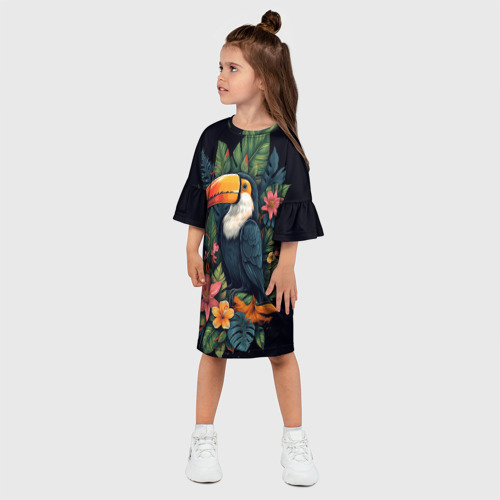 Детское платье 3D с принтом Тукан на фоне тропических листьев: арт нейросети, фото на моделе #1