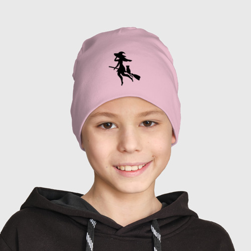Детская шапка демисезонная Ведьмочка и кот на метле, цвет светло-розовый - фото 3