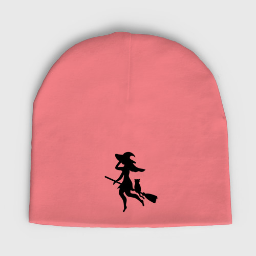 Мужская шапка демисезонная Ведьмочка и кот на метле, цвет розовый