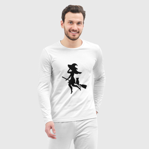 Мужская пижама с лонгсливом хлопок Ведьмочка и кот на метле, цвет белый - фото 5