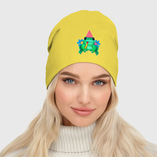 Женская шапка демисезонная Веселая лягушка в цветах, цвет желтый - фото 3