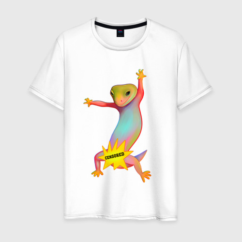 Мужская футболка из хлопка с принтом Веселая ящерица танцует цензура, вид спереди №1