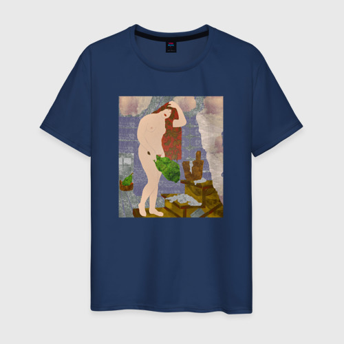 Мужская футболка хлопок Молодая женщина в бане, цвет темно-синий