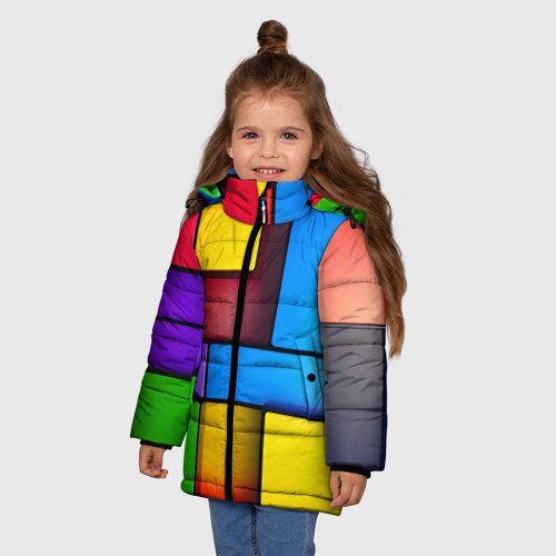 Зимняя куртка для девочек 3D Красочные объемные блоки, цвет красный - фото 3