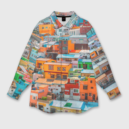 Женская рубашка oversize 3D с принтом Красочный Камчхон-дон в городе Пусан, вид спереди #2