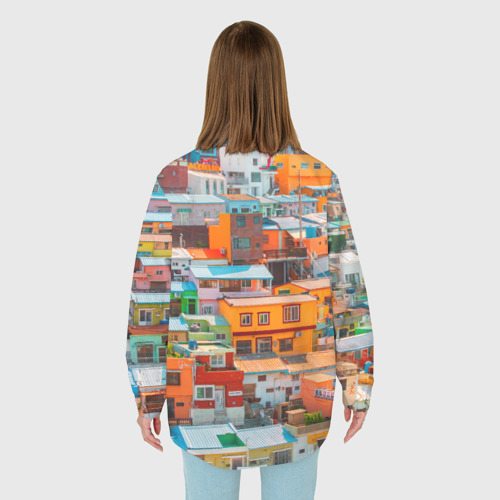 Женская рубашка oversize 3D с принтом Красочный Камчхон-дон в городе Пусан, вид сзади #2