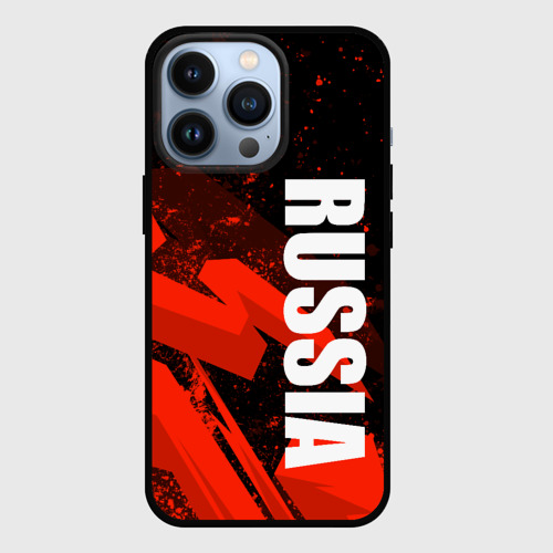 Чехол для iPhone 13 Pro с принтом Russia - белая надпись на красных брызгах, вид спереди #2