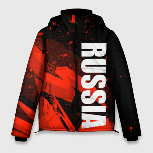 Мужская зимняя куртка 3D с принтом Russia - белая надпись на красных брызгах, вид спереди #2