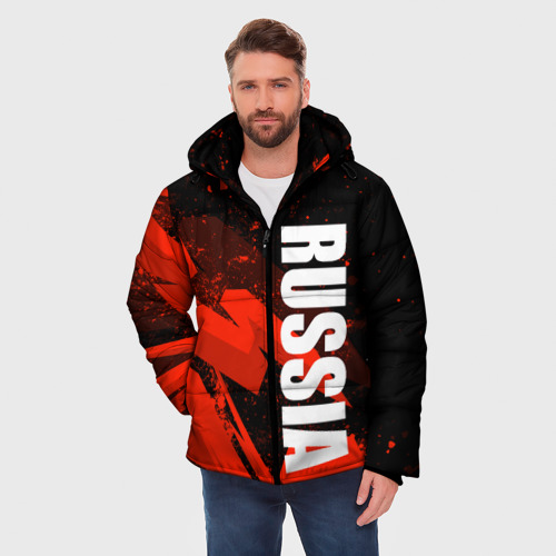 Мужская зимняя куртка 3D с принтом Russia - белая надпись на красных брызгах, фото на моделе #1