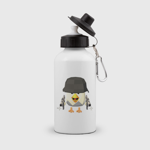 Бутылка с принтом Chicken Gun в каске для ребенка, вид спереди №1. Цвет основы: белый